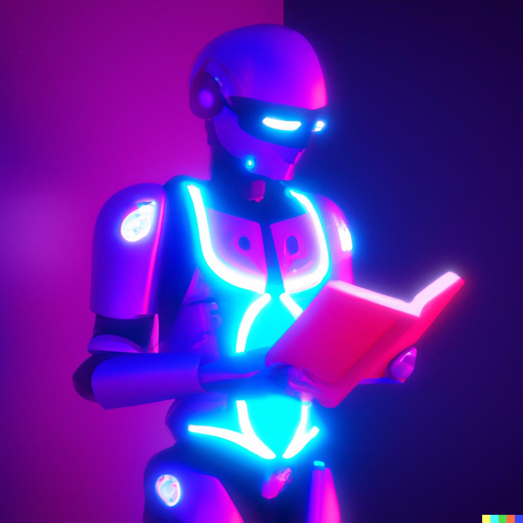 DALL·E prompt: humanoid solarpunk robot reading a book, neon lighting futuristic UI minority repot